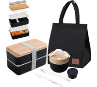 Aiuuee Porta Pranzo Kit, 1400 ml Lunch Box con Borsa Termica e Tazza e Posate, Portapranzo Ermetico per Microonde e Lavastoviglie,Schiscetta Pranzo Adulti,Bento Box per Lavoro Picnic Ufficio (Nero)