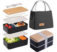 Aiuuee Porta Pranzo Lunch Box Kit, 1400 ml Portapranzo con Borsa Termica Porta Pranzo e Posate, 2 Scomparti Bento Box per Microonde Lavastoviglie, Ermetica Schiscetta Pranzo per Adulti Ufficio (Nero)