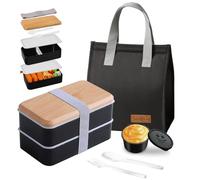Aiuuee Porta Pranzo Set, 1400 ml Lunch Box con Borsa Termica e Posate, Schiscetta Portapranzo Ermetico per Microonde e Lavastoviglie, Bento Box per Lavoro Picnic Ufficio (Nero)