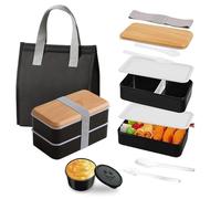 Aiuuee Porta Pranzo Set, 1400 ml Lunch Box Ermetico 2 Scomparti con Borsa Termica e Posate, Schiscetta Portapranzo Ermetico per Microonde e Lavastoviglie, Bento Box per Lavoro Picnic Ufficio (Nero)