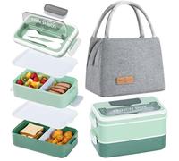 Aiuuee Porta Pranzo Set, 1600 ml 2 Strati Lunch Box con Posate e Borsa Frigo, Ermetico Schiscetta Pranzo per Microonde e Lavastoviglie, Bento Box per Adatto Lavoro Picnic Ufficio (Verde)