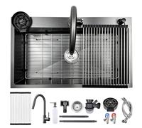 AIVANOTO Lavello da cucina grigio e nero, 85 x 50 cm, in acciaio inox, con rubinetto estraibile, dispenser per vetro, grande scolapiatti, sifone, lavello da incasso