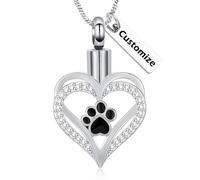 AIWENXI Animale domestico zampe Urna Collane per uomini donne cristallo cuore cremazione gioielli per cenere in acciaio inox cane/gatto zampe cremazione monumento cenere pendente gioielli, Acciaio