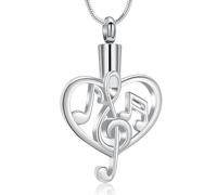 AIWENXI Collana con urna a forma di cuore per cenere con nota musicale, design in acciaio inox, per uomini e donne, Acciaio inossidabile