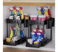 AIXPI Organizer Sottolavello Cucina 2 Livelli, Organizer Sottolavello Portaoggetti Ripiano Organizzatore per Lavello con Ganci e Tazza appesa, Organizer Cassetti per Cucina Bagno Nero 2 Pacchi