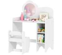 AIYAPLAY 2-in-1 Stand per il trucco delle ragazze, tavolo da toeletta per bambini 2-in-1 con sgabello, specchio a forma di fiore, ripiani aperti, per bambini +3 anni, bianco