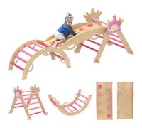 AIYAPLAY 8-in-1 Struttura Montessori in Legno per Interni 1.5-4 Anni Rosa | Triangolo arrampicata con arco, scivolo, motivo corona, parco giochi con rampa, arco altalena