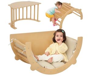 AIYAPLAY Arco Montessoriano 3 in 1 per Bambini, Struttura da Arrampicata, Tavolino e Dondolo con Cuscino, Età 18-48 Mesi, Legno Naturale