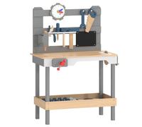 AIYAPLAY Banco da Lavoro per Bambini in Legno con Set di Attrezzi e Lavagna | 15 Pezzi, Orologio, Martello, Chiave Inglese, Cacciavite, Ripiano Portaoggetti, Gioco Educativo Montessori 3-6 Anni, Grigio