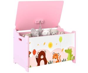 AIYAPLAY Baule Portagiochi per Bambini, Contenitore per Giocattoli in Legno con Cerniere di Sicurezza, Mobile per Cameretta e Salotto con Disegni di Animali, 60x37x39 cm, Rosa