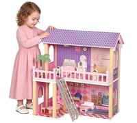 AIYAPLAY Casa delle Bambole in Legno per Bambini con 11 Mobili e 2 Bambole | 2 Piani, 5 Stanze, Camere, Cucina, Soggiorno, Bagno, Balcone, Giocattolo Educativo, Regalo per Bambini Ragazze 3-6 Anni, Rosa