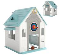 AIYAPLAY Casetta da Giardino per Bambini 5 in 1 con Palla da Basket, Anelli, Freccette, Porta Calcio, Porte e Finestre, Casa Gioco Casetta da Interno per Bambini 2-5 Anni, 132x118x124 cm, Multicolore