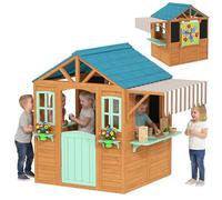 AIYAPLAY Casetta da Giardino per Bambini in Legno Abete, Casetta per Bambini Esterno, Finestra, Snack Bar, Mezza Porta, Portavasi, Telo Bersaglio, 4 Palline, Lavagna, 3-6 Anni, 142x120x141.5cm, Giallo