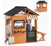 AIYAPLAY Casetta da Giardino per Bambini in Legno di Abete, Casetta per Bambini da Esterno con Cucina, 4 Finestre, Mezza Porta, Panchina, Ripiano e Tetto, per Bimbi 3-8 Anni, 171.5x146x156 cm, Marrone
