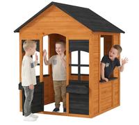 AIYAPLAY Casetta da Giardino per Bambini in Legno di Abete, Casetta per Bambini da Esterno Interno con Finestre, Mezza Porta, Portavasi e Tetto, per Bimbi 3-8 Anni, 110.6x106.6x138 cm, Marrone Chiaro