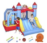 AIYAPLAY Castello Gonfiabile 5 in 1 con soffiatore, Parco Acquatico Struttura Gonfiabile Bambini 3-8 Anni, Scivoli, Trampolino, Piscina con palle, Cestino da Basket, Palo da Colpo, Esterno/interno