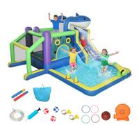 AIYAPLAY Castello Gonfiabile a Tema Squalo con Scivolo e Piscina Blu Giallo