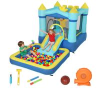 AIYAPLAY Castello Gonfiabile per Bambini 4 in 1, Scivolo, Trampolino, Piscina Palline/Acqua, Canestro, Palla, Pistole ad Acqua, Soffiatore, Borsa Trasporto, Interni Esterni, 3-8Anni, 364x173x182cm Blu