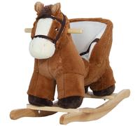 AIYAPLAY Cavallo a Dondolo per Bambini 18-36 Mesi, Cavallino in Peluche con Suoni, Base in Legno e Cintura di Sicurezza, Marrone