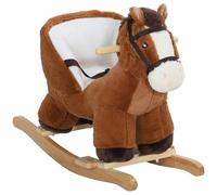 AIYAPLAY Cavallo a Dondolo per Bambini 18-36 Mesi, Cavallino in Peluche con Suoni, Base in Legno e Cintura di Sicurezza, Marrone