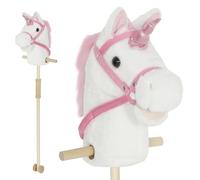 AIYAPLAY Cavallo unicorno a bastone con ruote in legno, suoni del pony reale che nitriscono e galoppano, impugnatura, giocattolo unicorno di peluche per hobby, 95 cm, bianco (batterie LR44 necessarie)