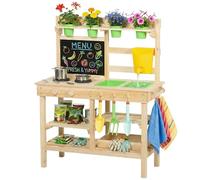 AIYAPLAY Cucina giocattolo da esterno, cucinetta per bambini in legno con vasi da fiori, lavelli, rubinetto, utensili in acciaio inossidabile, lavagna, ripiani, ganci, giocattoli per bambini dai 3 ai