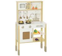 AIYAPLAY Cucina giocattolo in legno con suono, angolo cottura per bambini con accessori in acciaio inossidabile, forno a microonde, forno, lavello, tagliaverdure, per bambini dai 3 anni in su, oro
