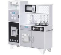 AIYAPLAY Cucina giocattolo in legno con suono, cucina per bambini con accessori in acciaio inox, microonde, macchina per il ghiaccio, macchina per il caffè, lavastoviglie, 79,5x24x83,8 cm, bianco