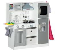 AIYAPLAY Cucina giocattolo in legno per bambini Gioco di ruolo con luci, suoni, grembiule e cappello da cuoco, macchina del ghiaccio, forno a microonde, cappa aspirante, utensili, cibo tagliabile,