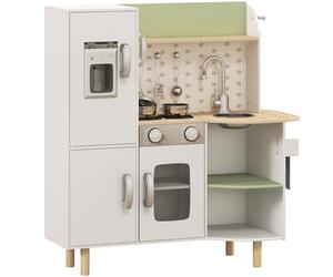 AIYAPLAY Cucina Giocattolo per Bambini 3-6 Anni con Macchina del Ghiaccio e Padelle, Cucina per Bambini con Ripiani e Armadietti per Utensili e Stoviglie, 84x34x89 cm, Bianco e Verde