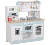 AIYAPLAY Cucina Giocattolo per Bambini da 3 Anni in Legno, Fornello con Luci e Suoni, Microonde, Macchina del Caffè, Macchina del Ghiaccio e Armadietti, Bianco