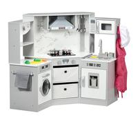 AIYAPLAY Cucina per bambini in legno, imitazione giocattolo per bambini, con 17 accessori, verdure in plastica, bottoni e luci, cappello da cuoco, grembiule, strofinaccio, 3-6 anni, grigio-bianco