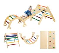 AIYAPLAY Gioco da Arrampicata 5 in 1 in Legno di Pino, Multicolore | Gioco per Bambini 18-48 Mesi, Triangolo Montessori, Arco Montessori e Rampa con Pietre, Carico Massimo 50 kg, 178x64.5x63 cm