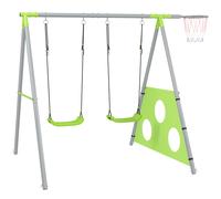 AIYAPLAY Gioco per Bambini 3 in 1 con Altalena da Giardino, Canestro e Porta da Calcio, 238x180x182 cm,, Verde e Grigio