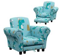 Aiyaplay Kids Armchair with Stool, 2 pezzi Kids Sofà Set with Dinosaur Design, Wooden Frame, Upholstered Chair for Bedroom, Playroom, Kid Room, for 1.5-3 Years Old, Blue