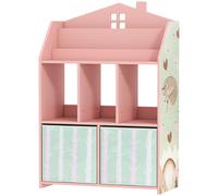 AIYAPLAY Scaffale Portagiochi Bambini, Libreria Montessoriana Bambini in Legno FSC, 2 Contenitori Rimovibili in Tessuto e Ripiani, Mobile Scaffale Porta Giocattoli per Cameretta, 62.5x30x91.5cm Rosa