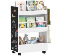 AIYAPLAY Libreria Montessoriana per Bambini 2 in 1 con Lavagna Nera e Ruote, in Legno, Porta Libri con 4 Ripiani, Scaffale Portagiochi Bambini su Due Lati per Cameretta e Asilo, Bianco