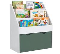 AIYAPLAY Libreria per Bambini 3-8 Anni a 3 Ripiani con Cassetto Inferiore, Scaffale Portagiochi in Legno MDF, 62.5x30x70 cm, Bianco e Verde