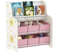 AIYAPLAY Mobiletto Portagiochi 3+ Anni con 6 Cassetti in Tessuto e Libreria a 2 Livelli, Scaffale Contenitore in MDF e Acciaio, 63x30x71 cm, Rosa