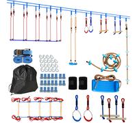 AIYAPLAY Ninja Line Set Slackline per bambini 24 m con anelli ginnici, 7 ostacoli, sbarra da arrampicata, ponte d'equilibrio per 3-6 anni Rosso+Blu Aosom Italy