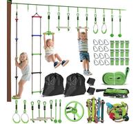 AIYAPLAY Ninja Slackline 10 m per bambini Set per percorso ad ostacoli Ninja Warrior con anelli ginnici slackline, ruota girevole, altalena, pali per arrampicata, vassoio sospeso, scala per