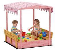 AIYAPLAY Sabbiera per Bambini 3-6 Anni con Tettuccio Fenicotteri, Sedute Pieghevoli, Coperchio e Fodera Inclusa, Sabbionaia per Bambini in Legno di Abete, 134.5x127.5x130 cm, Rosa