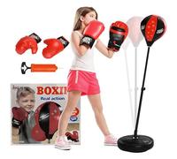 AIYAPLAY Sacco da boxe per bambini su supporto per bambini di 5-10 anni con guantoni da boxe e base per pesi, sacco da boxe regolabile in altezza 68-102 cm, rosso