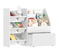 AIYAPLAY Scaffale Portagiochi Bambini in Legno con 3 Ripiani, Bianco | Organizzatore per Giocattoli, 6 Contenitori Rimovibili, Box Inferiore con Ruote, Mobile Libreria Scaffale per Cameretta