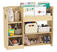 AIYAPLAY Scaffale Portagiochi per Bambini 3-8 Anni con Ripiani Aperti e Scomparti, Mobile per Bambini in MDF, 92x29x79 cm, color Legno
