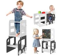 AIYAPLAY Scala Montessori 4 in 1 Pieghevole per Bambini 3-6 Anni con 2 Lavagne e Set Tavolo e Sedia, Torre Montessoriana a Forma di Auto in MDF e Legno di Pino, 58x46x92 cm, Bianco