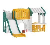 AIYAPLAY Scivolo 7-in-1 per bambini, per interno ed esterno, con struttura da arrampicata, casetta, lavagna, canestro da basket, 1-4 anni, in plastica, Giallo e Verde Aosom Italy