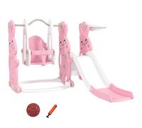 AIYAPLAY Scivolo e altalena per bambini 4 in 1, parco giochi per bambini con struttura per arrampicata, cestino da basket, scivolo, altalena, coniglietto, per interni ed esterni, 1,5-4 anni, rosa