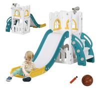 AIYAPLAY Scivolo per Bambini 4 in 1 con Cerchio da Basket Telescopio Arrampicata e Cestino Inferiore per Interno Giallo e Verde Aosom Italy