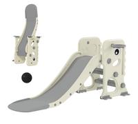 AIYAPLAY Scivolo per Bambini Pieghevole con Canestro e Palla da Basket, Scivolo per Bimbi in Plastica PP e HDPE, 146x52x65 cm, Grigio e Crema